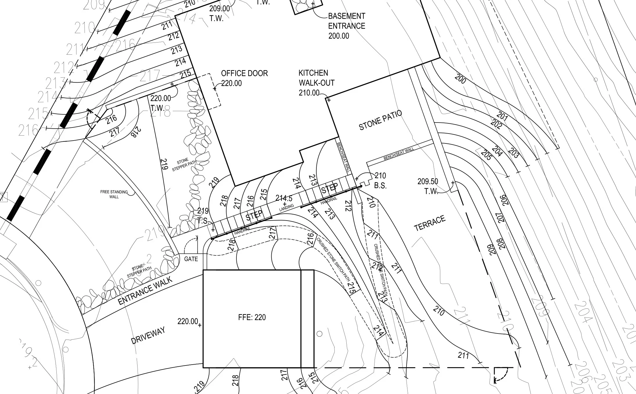 Proposed: early schematic design showing proposed new house/garage footprints, entrance walk & drive pavement, site wall constructions and earth grading / adjustments to existing topography.