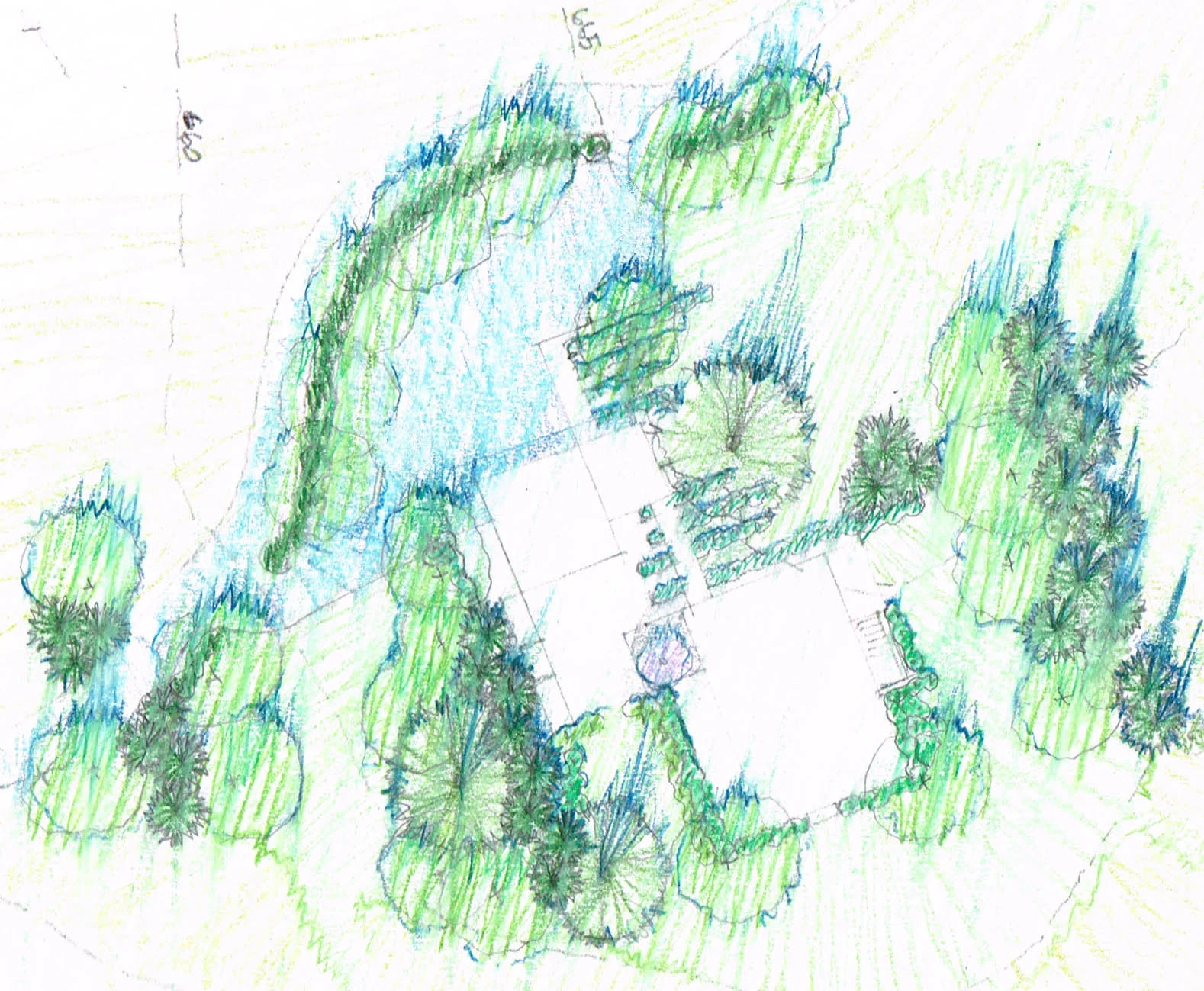 Preliminary concept plan alternative - showing bulb-out road re-alignment and expansion private entrance drive. Project is currently within phased installation, with the remaining foundation and entrance courtyard plantings yet to be installed. First phase road re-alignment / alignment plantings, as well as east and west view-shed plantings have been installed.