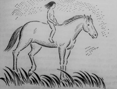 Ilustration by Helen Sewell for Little House on the Prairie, 1935, depicting an unclothed child as per Wilder's view, who was truly free.