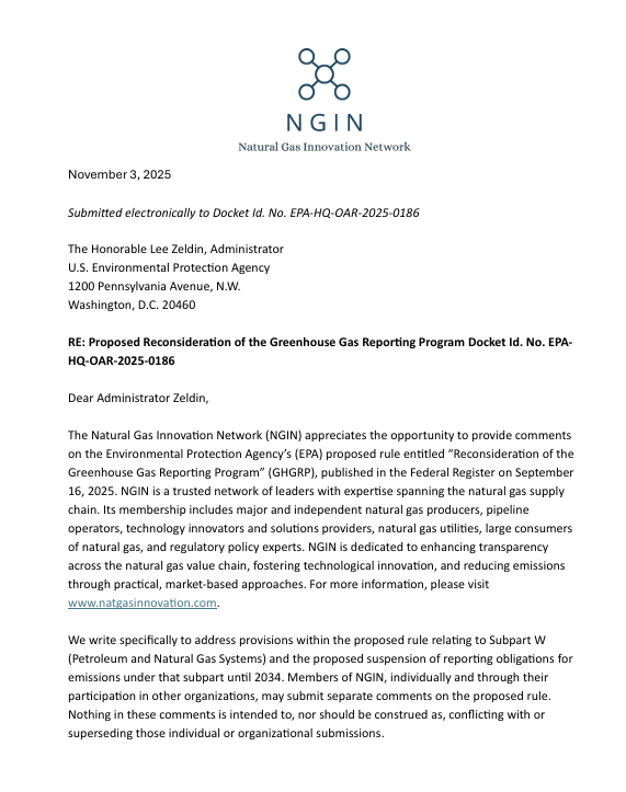 Natural Gas Innovation Network Submits Comments on EPA's Proposed Rule “Reconsideration of the Greenhouse Gas Reporting Program”