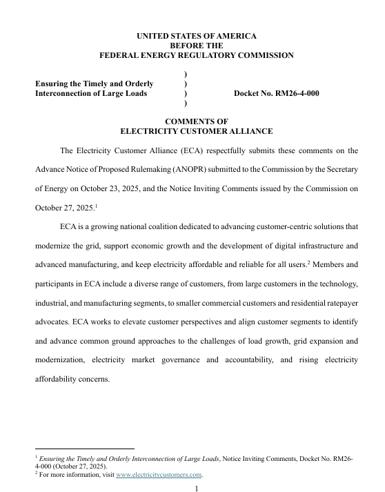 Electricity Customer Alliance Submits Comments on ANOPR on Ensuring the Timely and Orderly Interconnection of Large Loads</span>