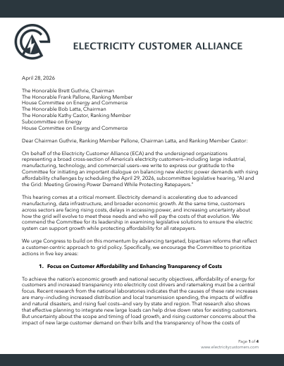 Electricity Customer Alliance Submits Letter to House Energy &amp; Commerce Committee for Hearing on AI and the Grid</span>