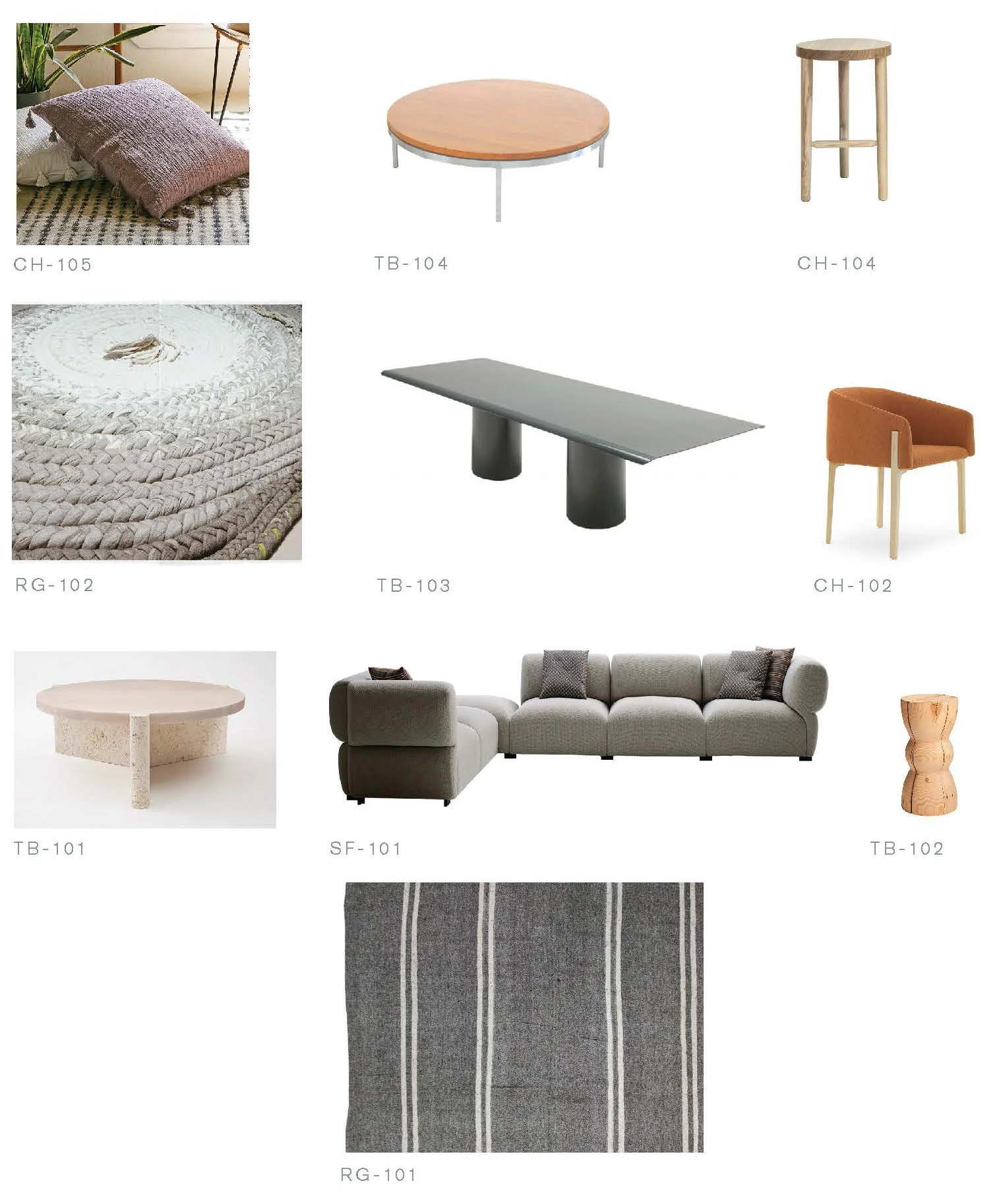 Furniture selections proposed as a suite for a living room.