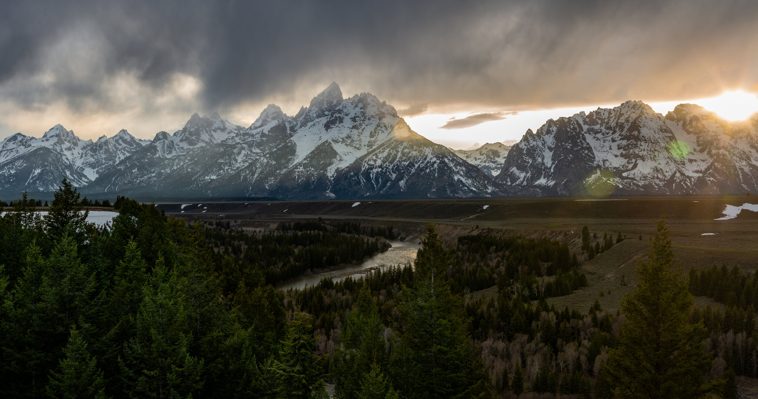 Snake River and the Tetons in Snow Clouds