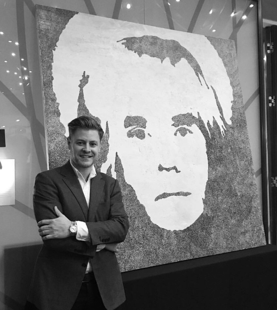Standing in front of the David Paul Kay painting I won in the ArtBridge silent auction, 2017.