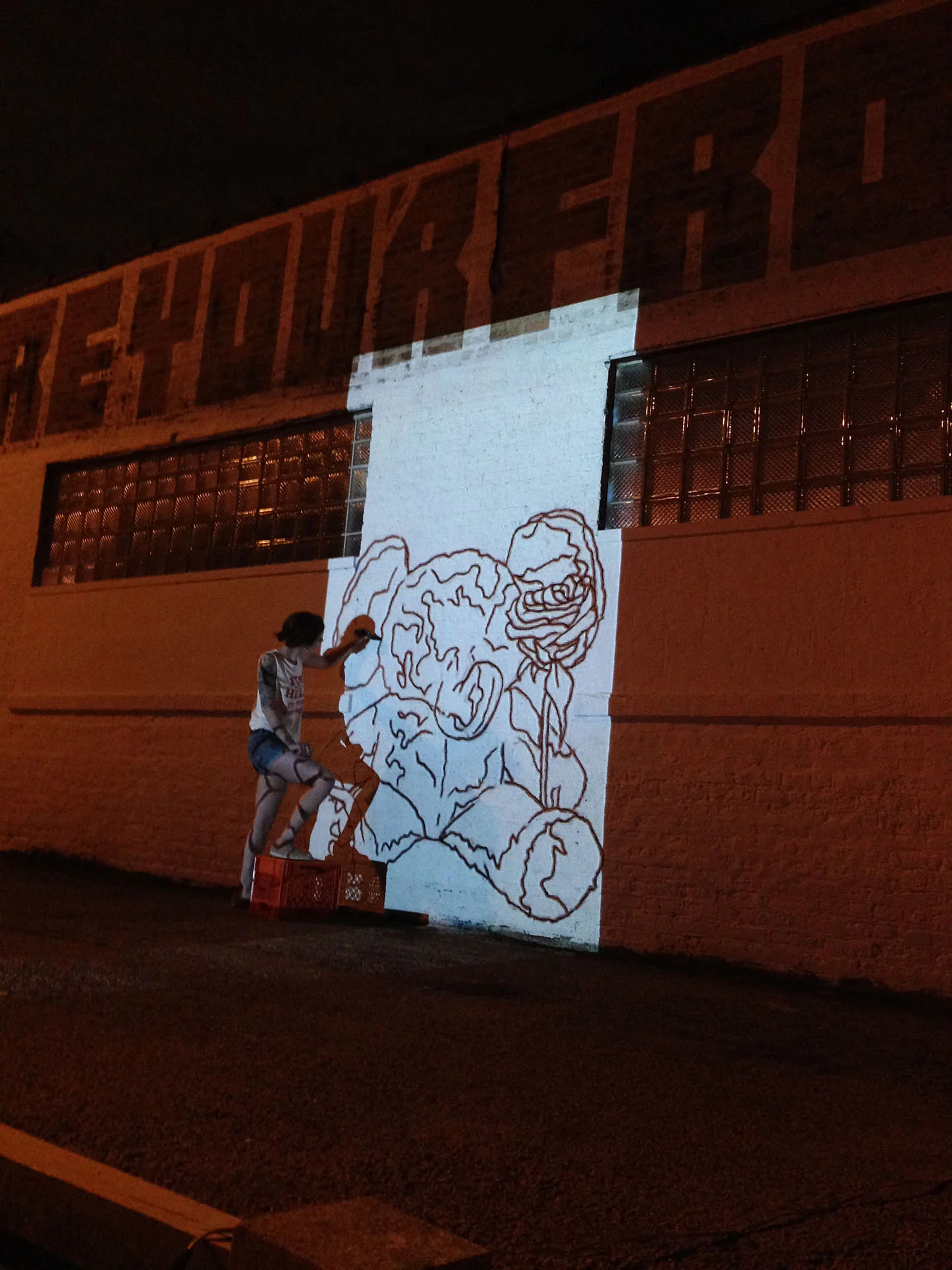 I'm terrible with scale and really admire the artists who can just hit the brick. I know my limitations up to this point and where my focus is better spent, so my projector has become an essential way for me to achieve my desired scale and head on aesthetic. I took each drawing I did, traced in black pen and projected each image one at a time to make sure the placement was just right (i looked like a crazy person during that part if anyone was watching)