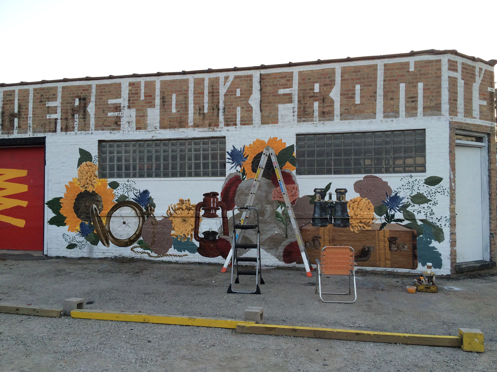 I spent more time cursing at the sunflowers than taking photos of their process. The yellow paint color I mixed was so thin, there might be 50 layers on there, someone is going to have to demolish that building for those things to come off. None-the-less, challenge accepted, I persevered and pretty happy with how they turned out.
