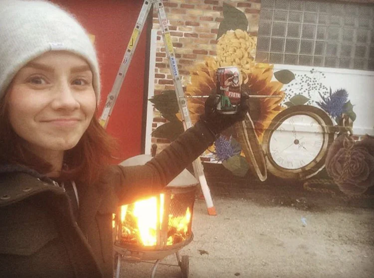 Christmas Eve. The fire was helping to keep the paint from freezing while I was freezing my buns off. Almost done with the brick, but a bit challenged trying to figure out how I was going to create a 'faux wood' flooring and finish shadowing effect behind all of the objects. On the plus side I had beer, my brow game was strong and I was looking forward to taking a break and spending the whole next day with my fam!