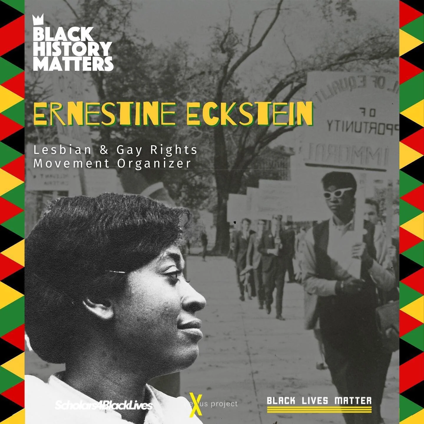 Ernestine Eckstein&mdash;born Ernestine Delois Eppenger in 1941&mdash;was a lesbian activist who encouraged and modeled self-acceptance and direct action engagement for liberation of Queer-identified and marginalized people. 

Most of what is known a