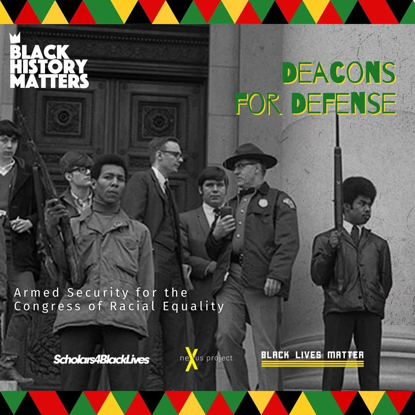 The Deacons for Defense and Justice were dedicated to the protection of the Black communities, its leadership, and institutions. The Deacons, primarily operated in the states of Louisiana and Mississippi. They started in 1964 in the northern Louisian