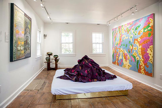 Daydreams and Nightmares" at VSOP Projects. Right: "Map #28" by Dena Zemsky, 1989. Oil on canvas in 3 parts, 72 x 108 inches. Courtesy of VSOP Projects.