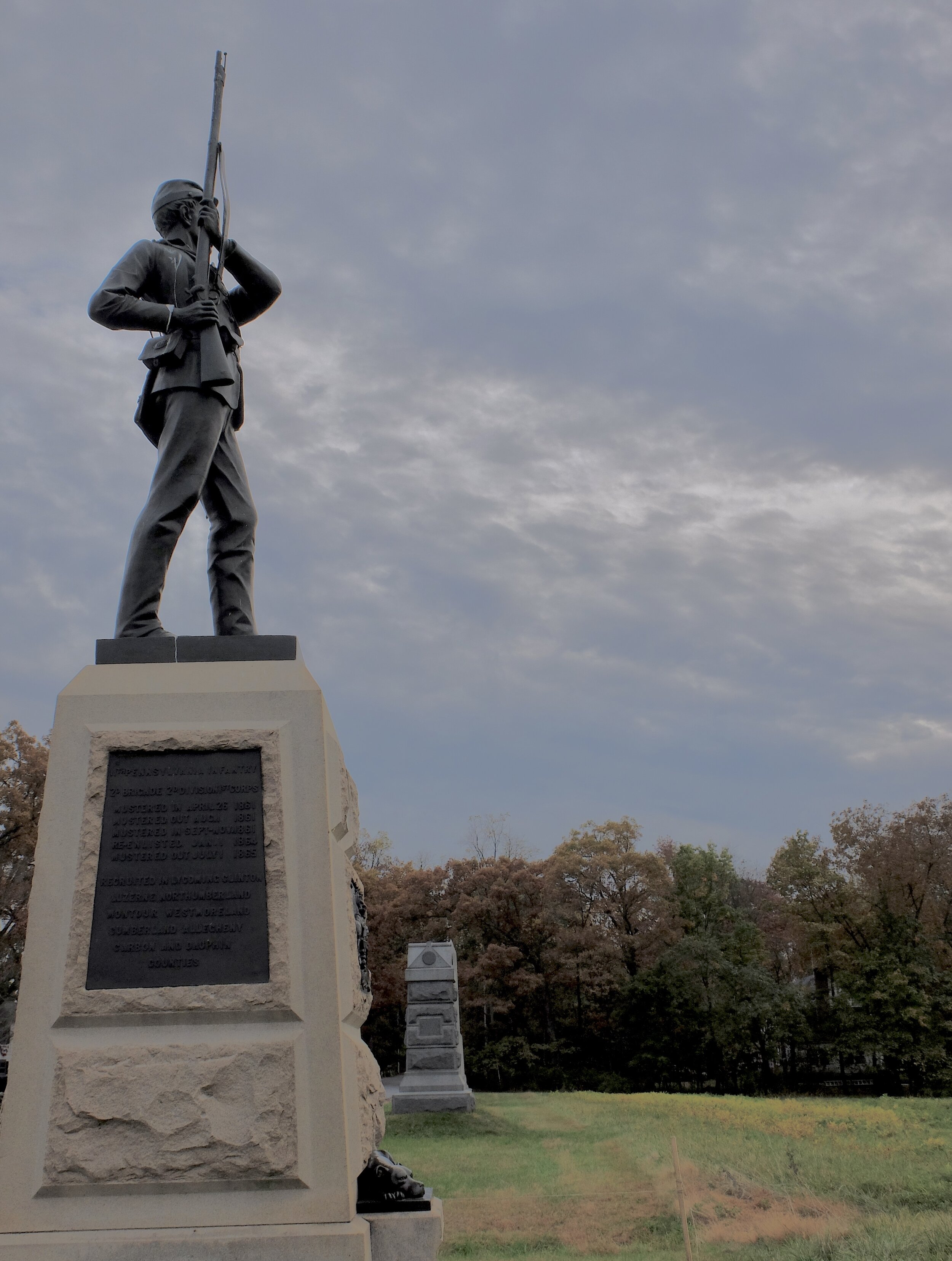 Canine mascot Sallie, statue below,  accompanied the 11th Penn. Infantry regiment into the fighting, taking a position at the front lines and barking furiously at the enemy.