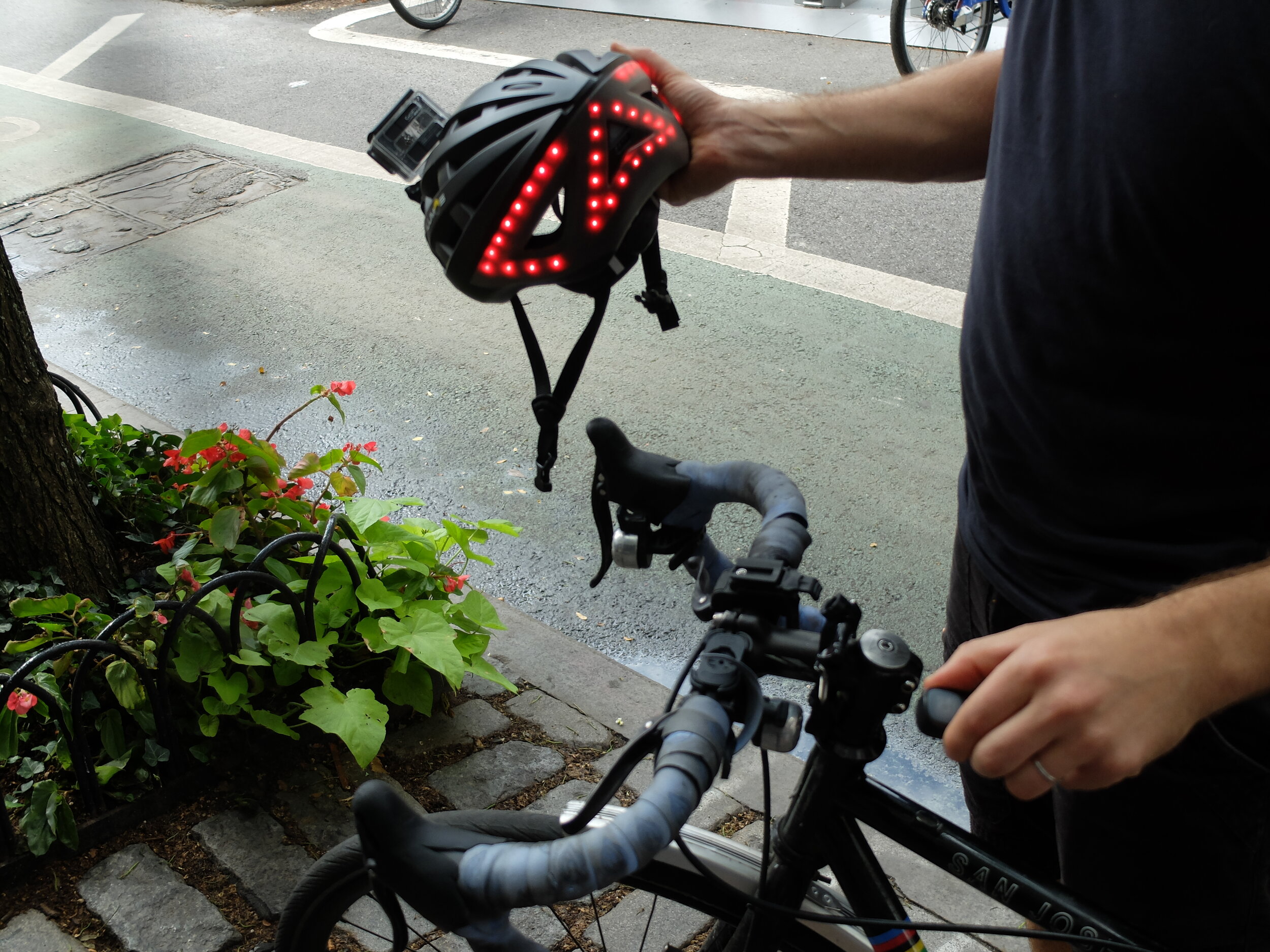 Nate, who bicycle commutes in N.Y.C. has this fancy helmet that allows vehicles to be aware of his intentions; turning, stopping...