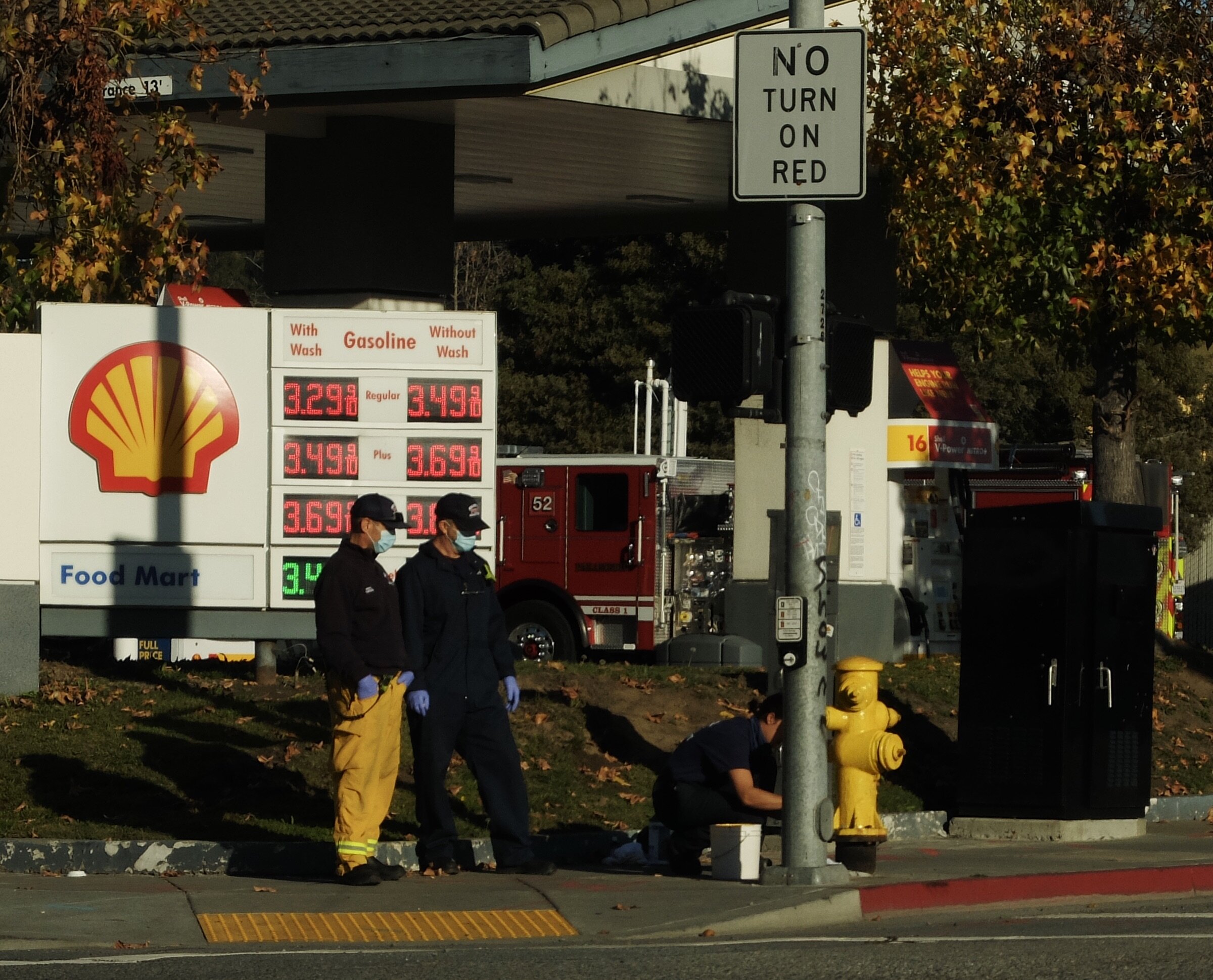 Painting a fire hydrant in San Rafael, CA. -  Two firemen watching while a firewoman paints.