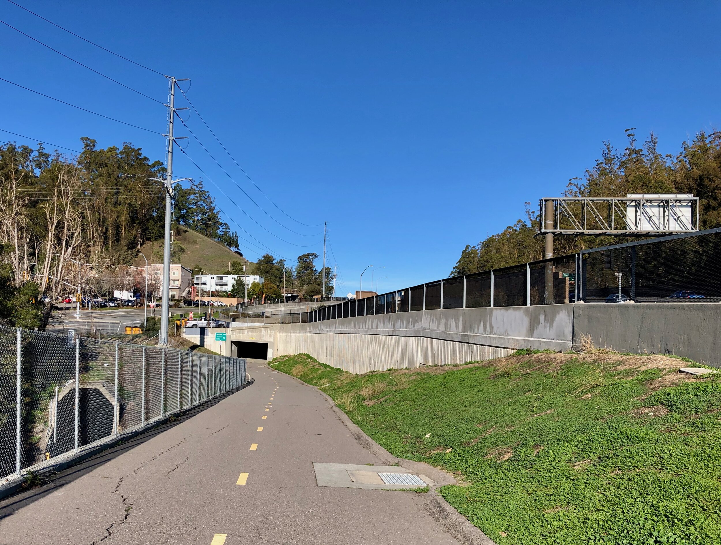 This San Rafael Class 1 ped./bike path was reminsicent of pathways in Holland.  Here it parallels the SMART train tracks &amp; hwy 101.