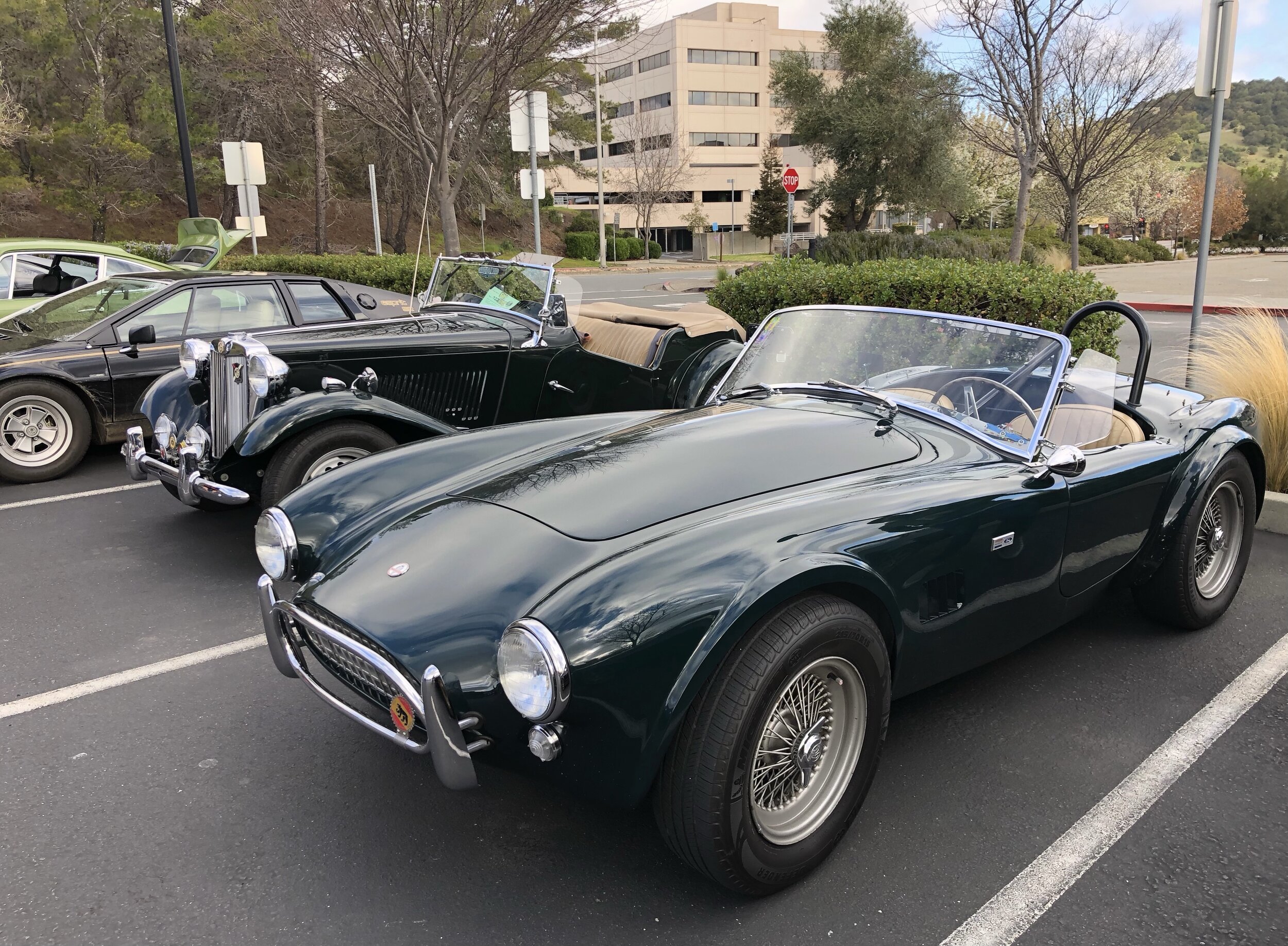 Our 1953 MG TD, TeD, nestled between a Cobra &amp; a DMC DeLorean.  Nice.  