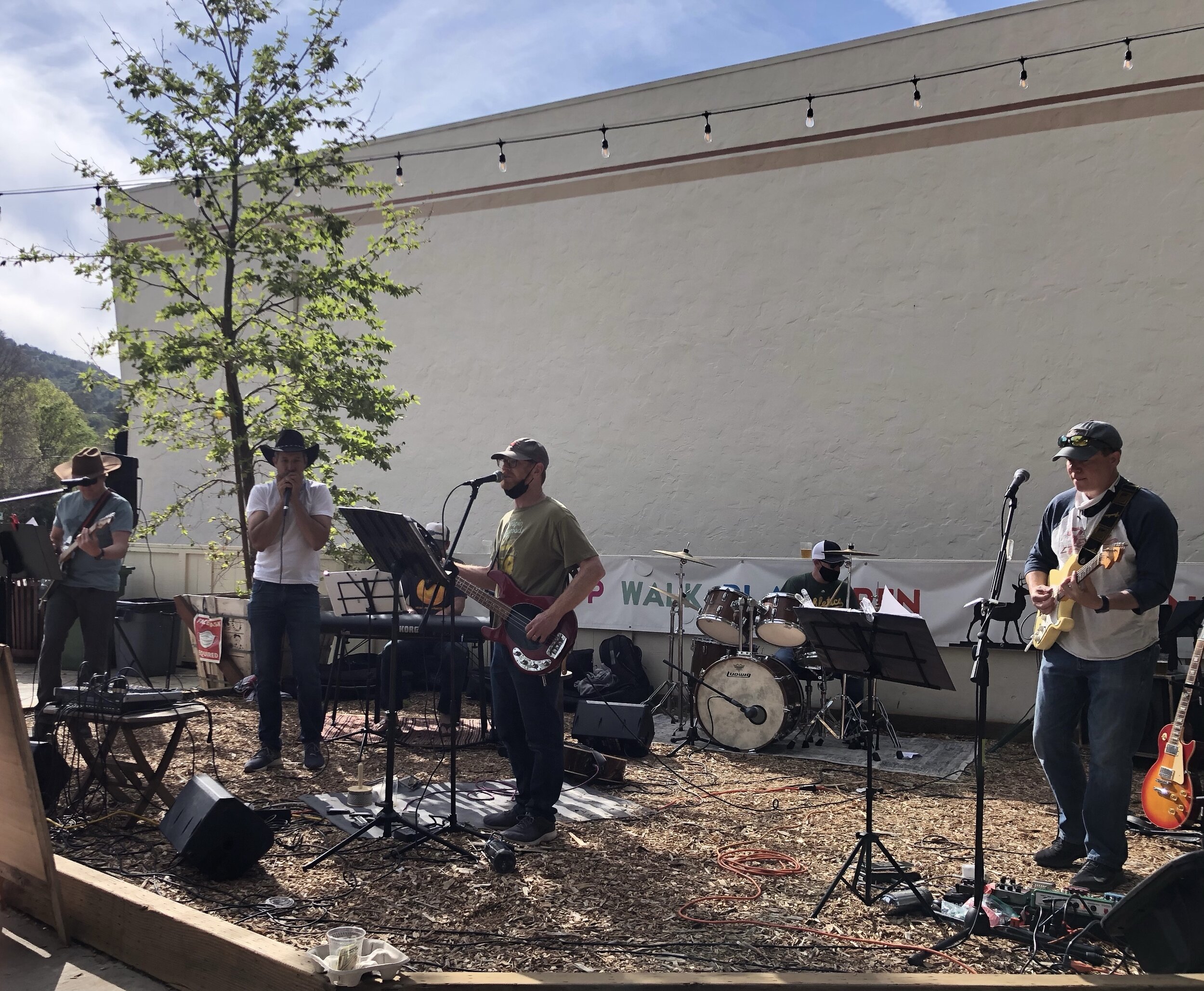 One of our mountain Bicycle Buddies, Harold, getting into "Folsom Prison Blues" with the band Hall Pass.