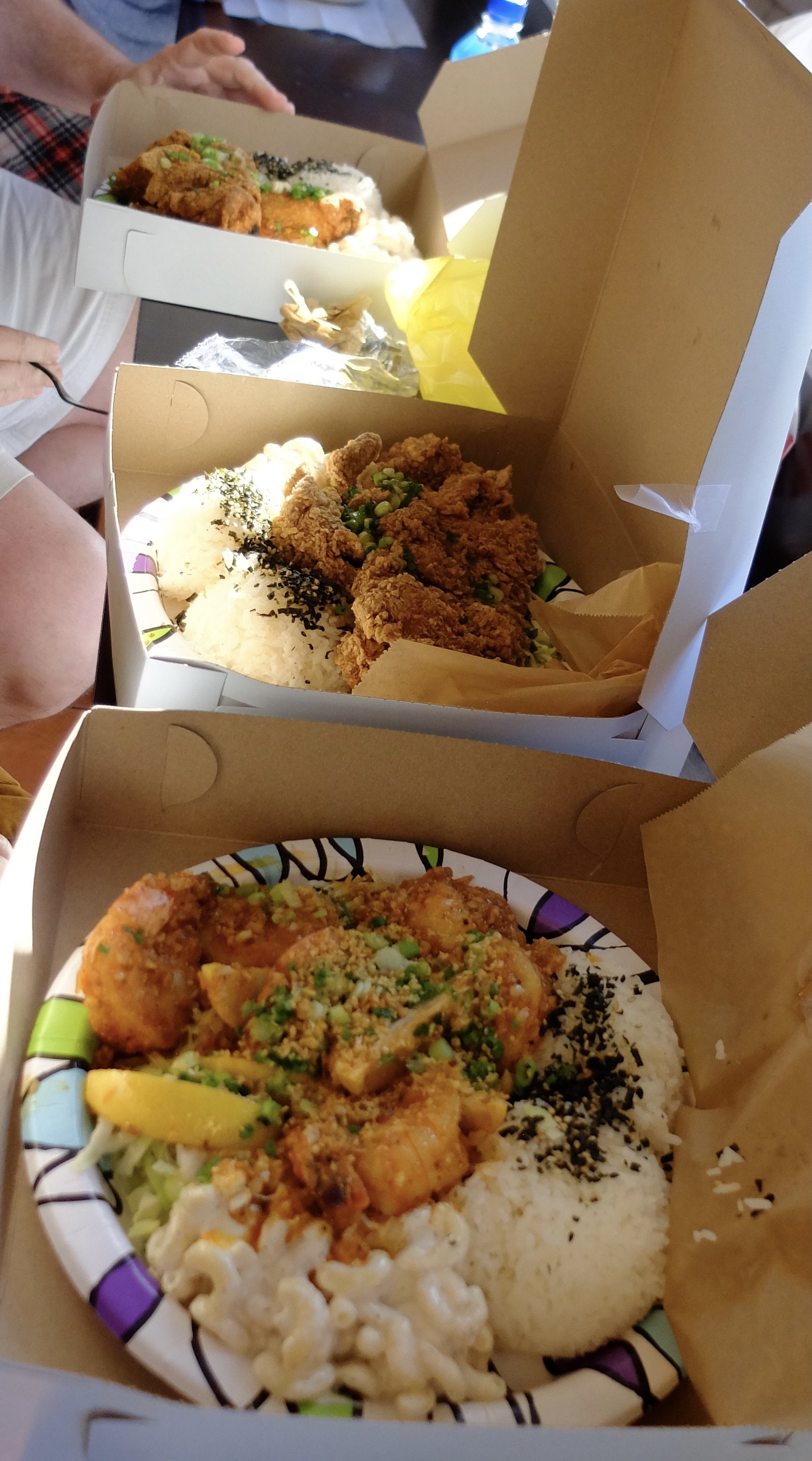 Bottom to top: Garlic shrimp, Fried mochiko chicken plate &amp; for the fearless one in our threesome, Fire In Your Hole ("Hapanese" hot fried chicken...*Order at your own risk....). 