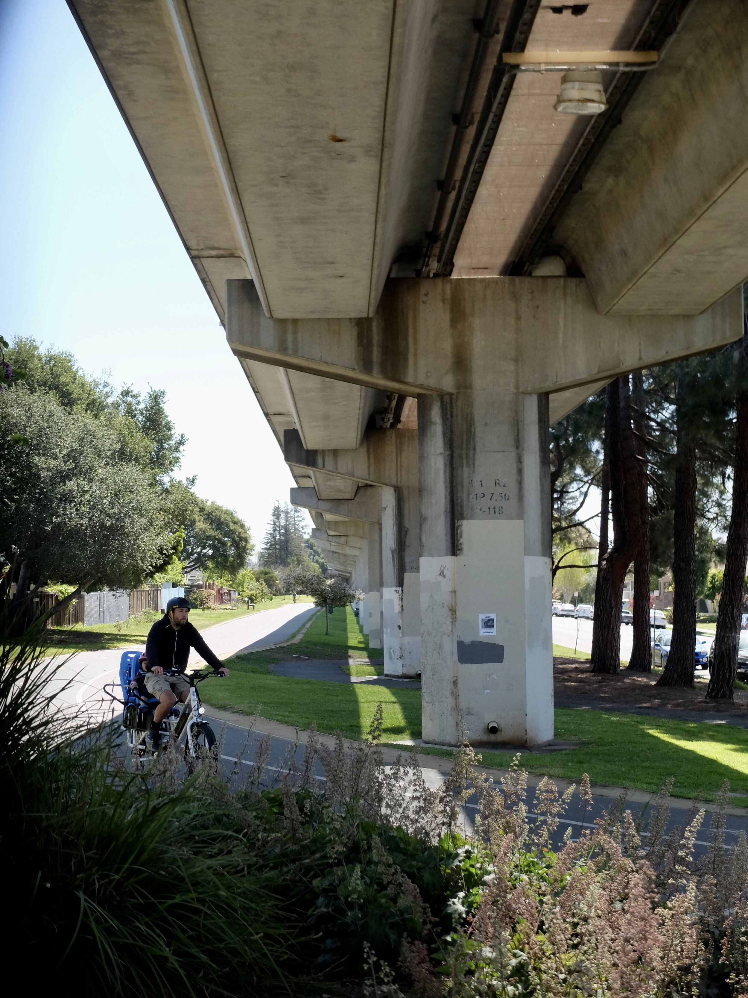 Bike path under BART trestle.