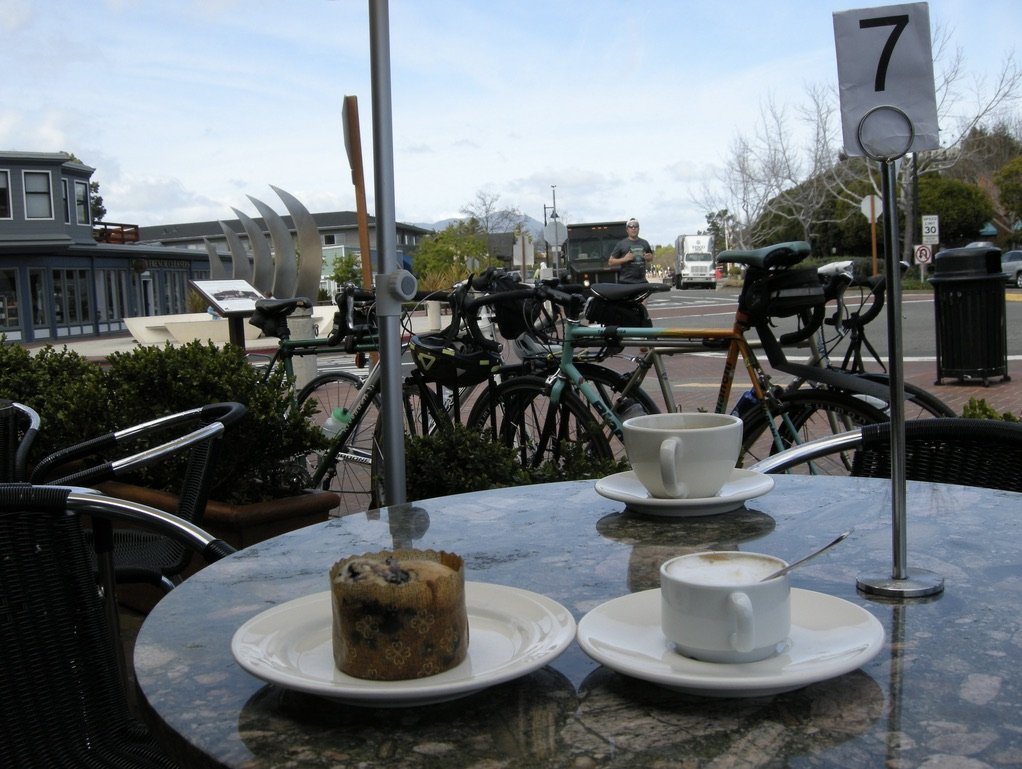 Midway during an Old Spokes loop around Paradise Drive, we stop at Caffē Acri in downtown Tiburon..