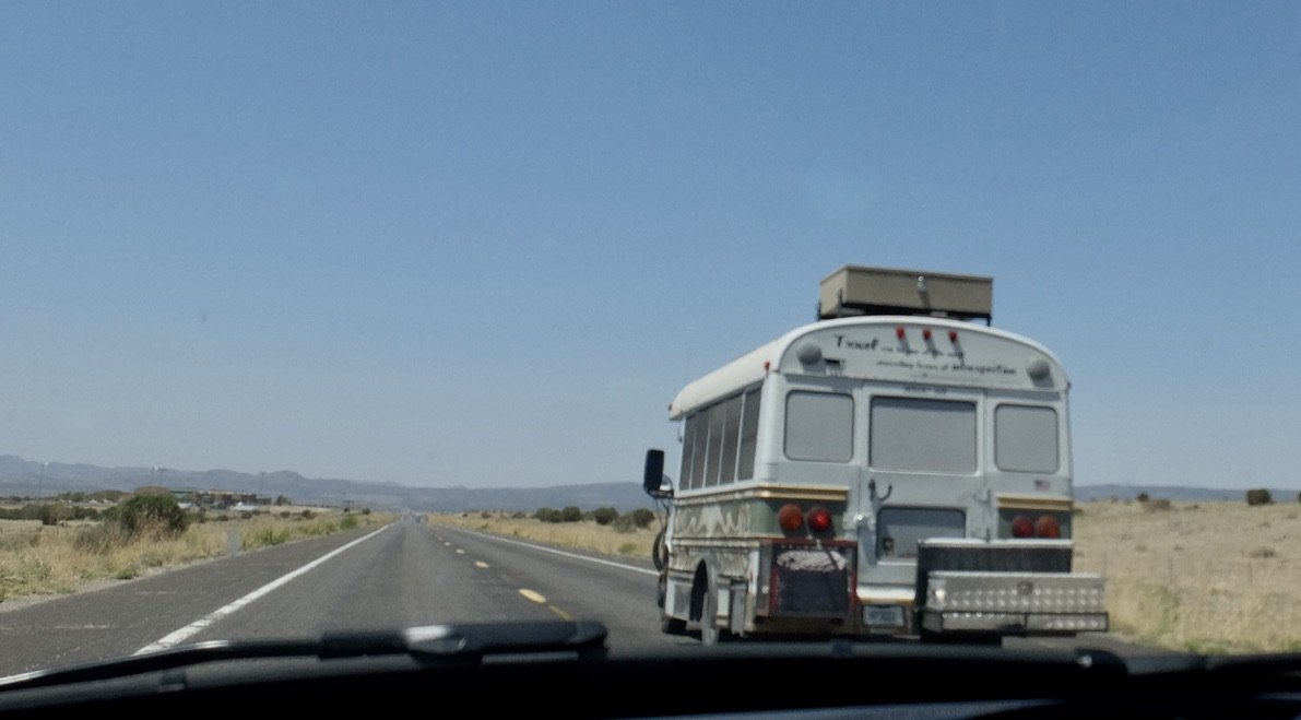 En route to Palm Springs.  We saw this bus later, surrounded by jackasses.