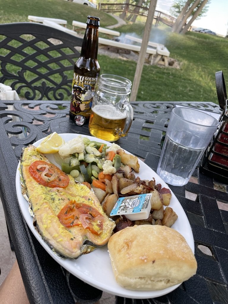 Rocky Mntn trout - Showdowns Restaurant, Tropic, UT.  Nice guitarist playing what was like a Spotify playlist of the soundtrack of our lives.