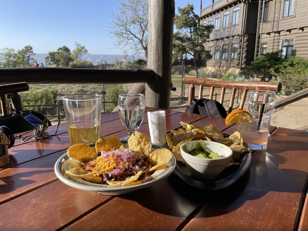  The restaurant prices in the El Tovar Dining Room were astronomical.  We discovered we could enjoy dinner outside the bar.  From the very limited menu, a selection of chips, guacamole &amp; veggie chile was perfect! 