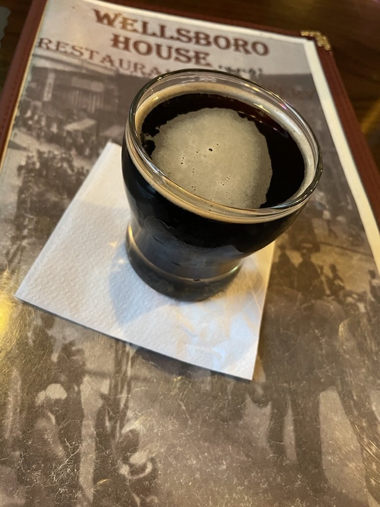  A fine chocolate stout.  There was excellent food here too .  Near us was a table of nine polite &amp; well-behaved young men.  Some of them were using their phones until one fellow suggested building a "telephone tower" &amp; just talking amongst t