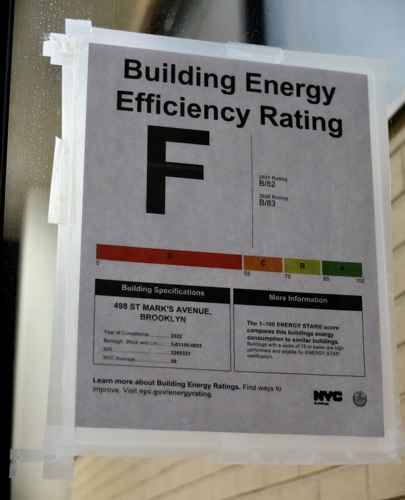  This was a surprise to see on our building.  When last here in August, it was B.  Then we read online that: “New energy efficiency grades have adorned the doors and windows of thousands of buildings this week, but more than a few of the F’s should s