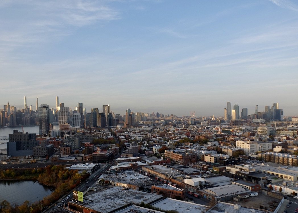 Wiliamsburg, Greenpoint, to the left Manhattan &amp; straight ahead, Long Island CIty.