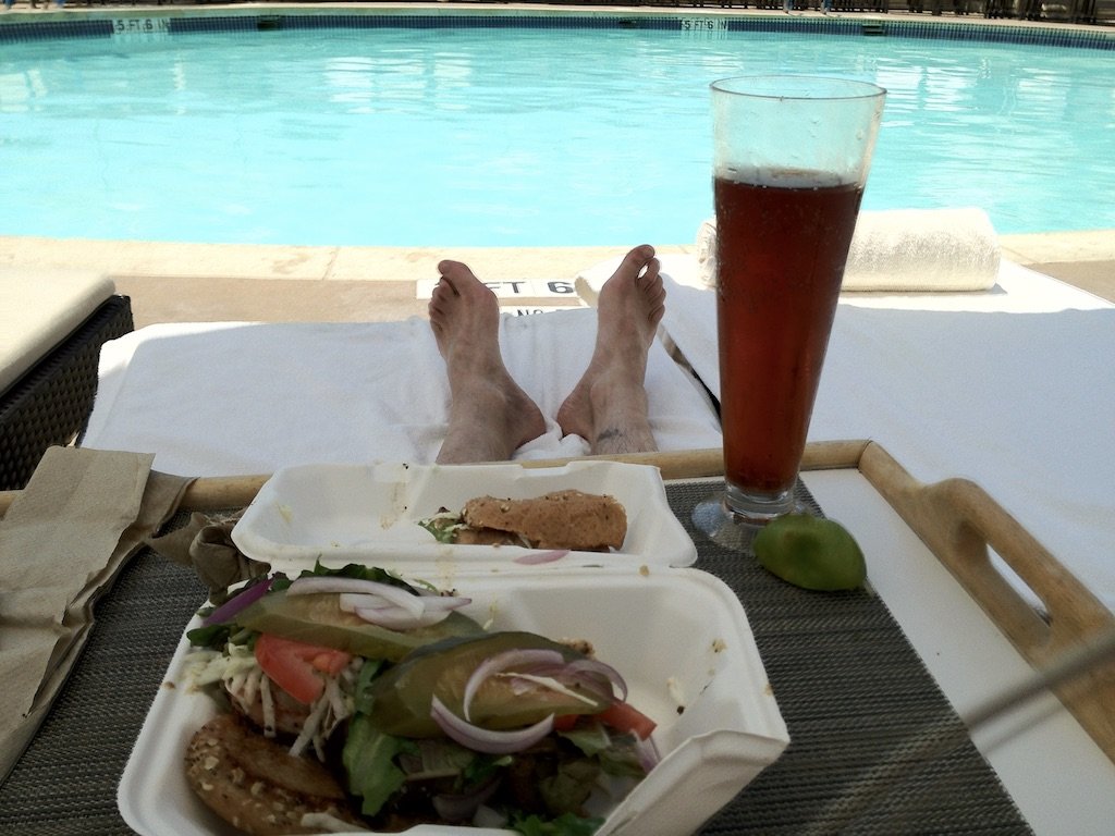  Four Seasons Hotel, Austin, Texas.  Beer can accompany relaxation.  By 11:00 AM is was too hot to ride any more. 