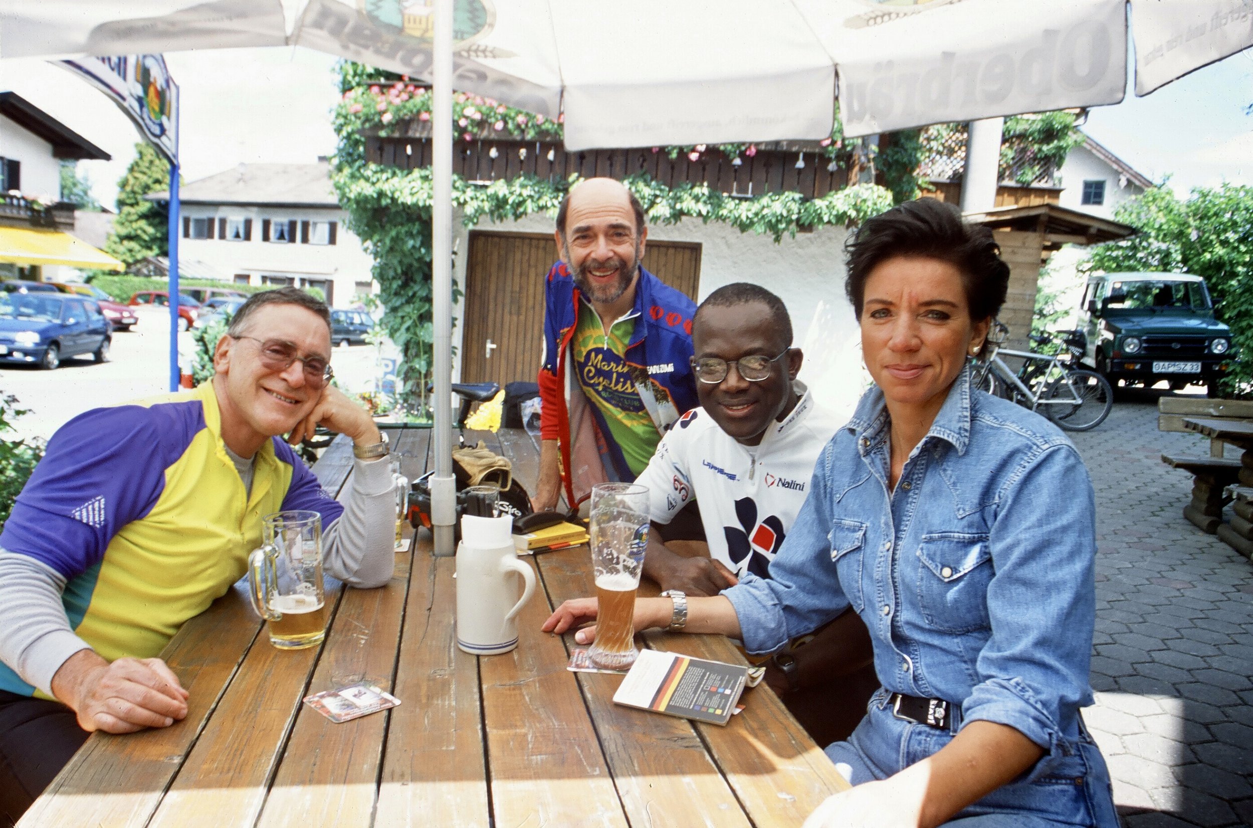  Beer with friends, old &amp; new.  On the approach to Garmisch-Partenkirchen, Germany.  Those were klein (small) beers!  We were about to climb to 708 m (2,323 ft).  Phil, who took the photo, fell off his bike as he tried to get on it.  He did make 