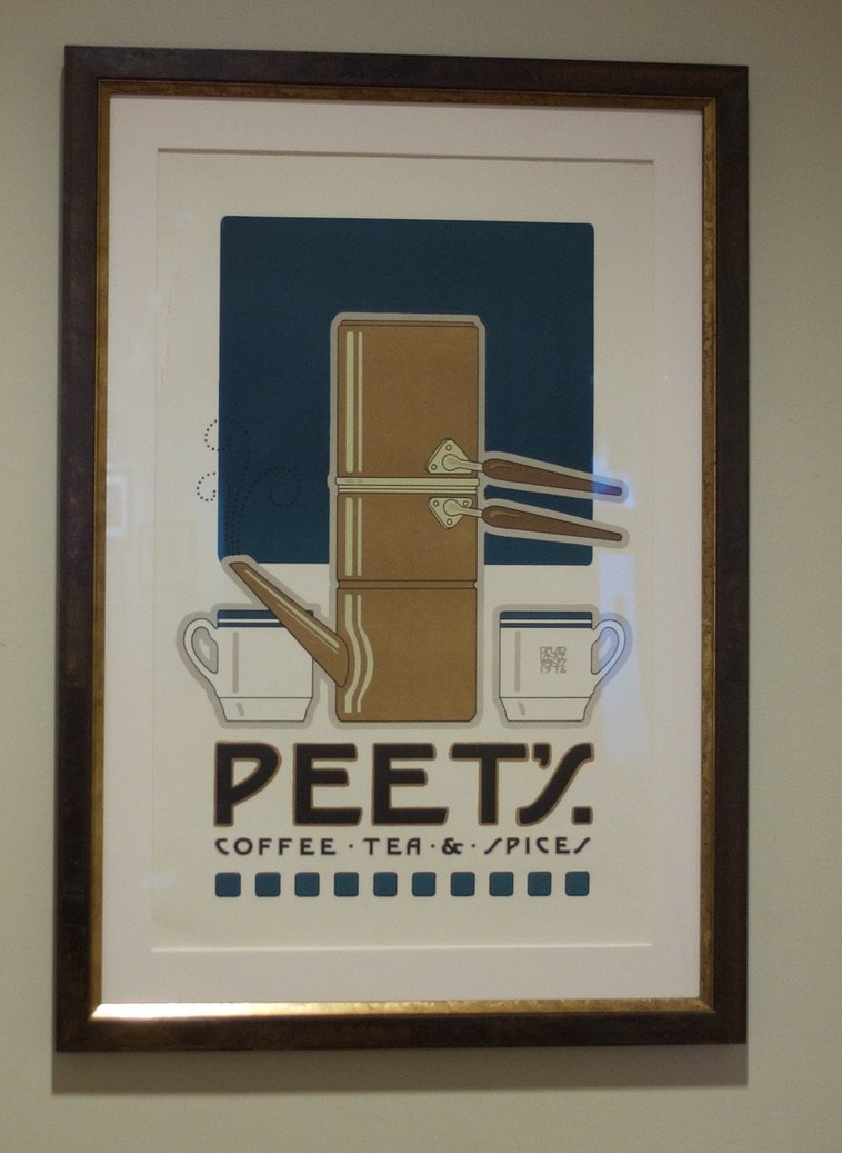  Peet's Coffee. At Vine &amp; Walnut Streets since 1966.  "This poster was created by noted Berkeley poster artist David Lance Goines in 1976 to honor Alfred Peet &amp; his coffee store on Vine Street. Unfortunately, Mr. Peet did not like the poster 