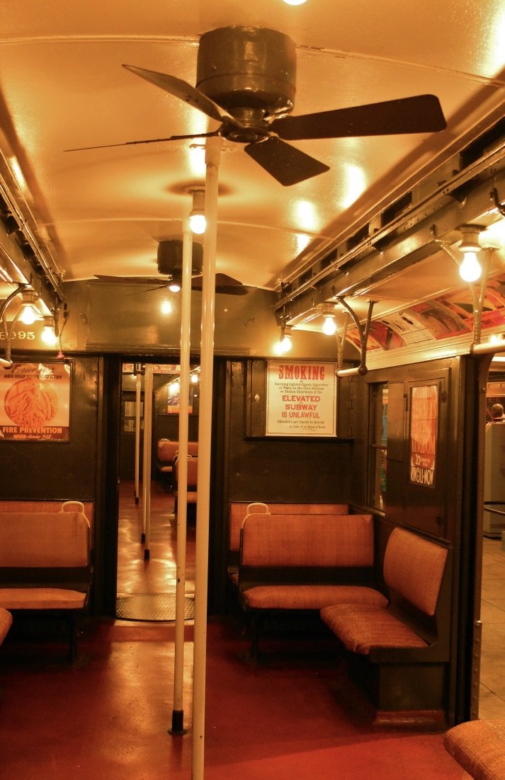  This photo was taken in the NY Transit Museum’s downtown Brooklyn subway station location.  I loved these old, wide, with fans &amp; rattan upholstered seats, BMT (Brooklyn Manhattan Transit) cars.  We’d take them on the elevated line down to Coney 