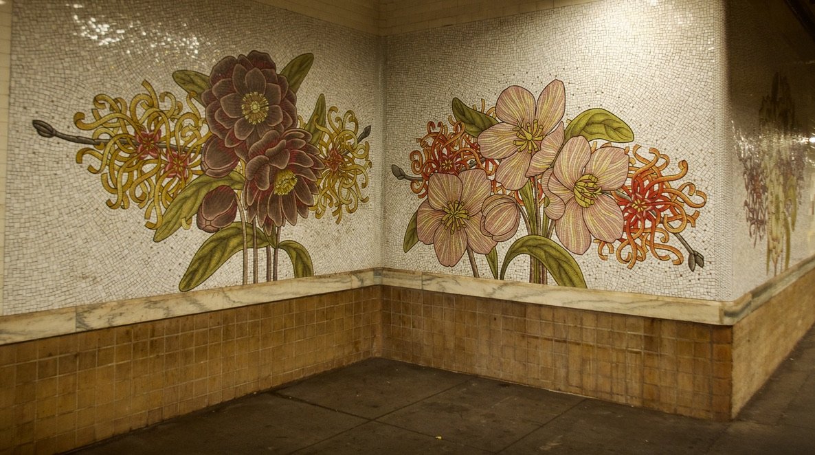  28th St. subway sta.   Mosaic ROAMING UNDERFOOT 2018 by Nancy Blum 