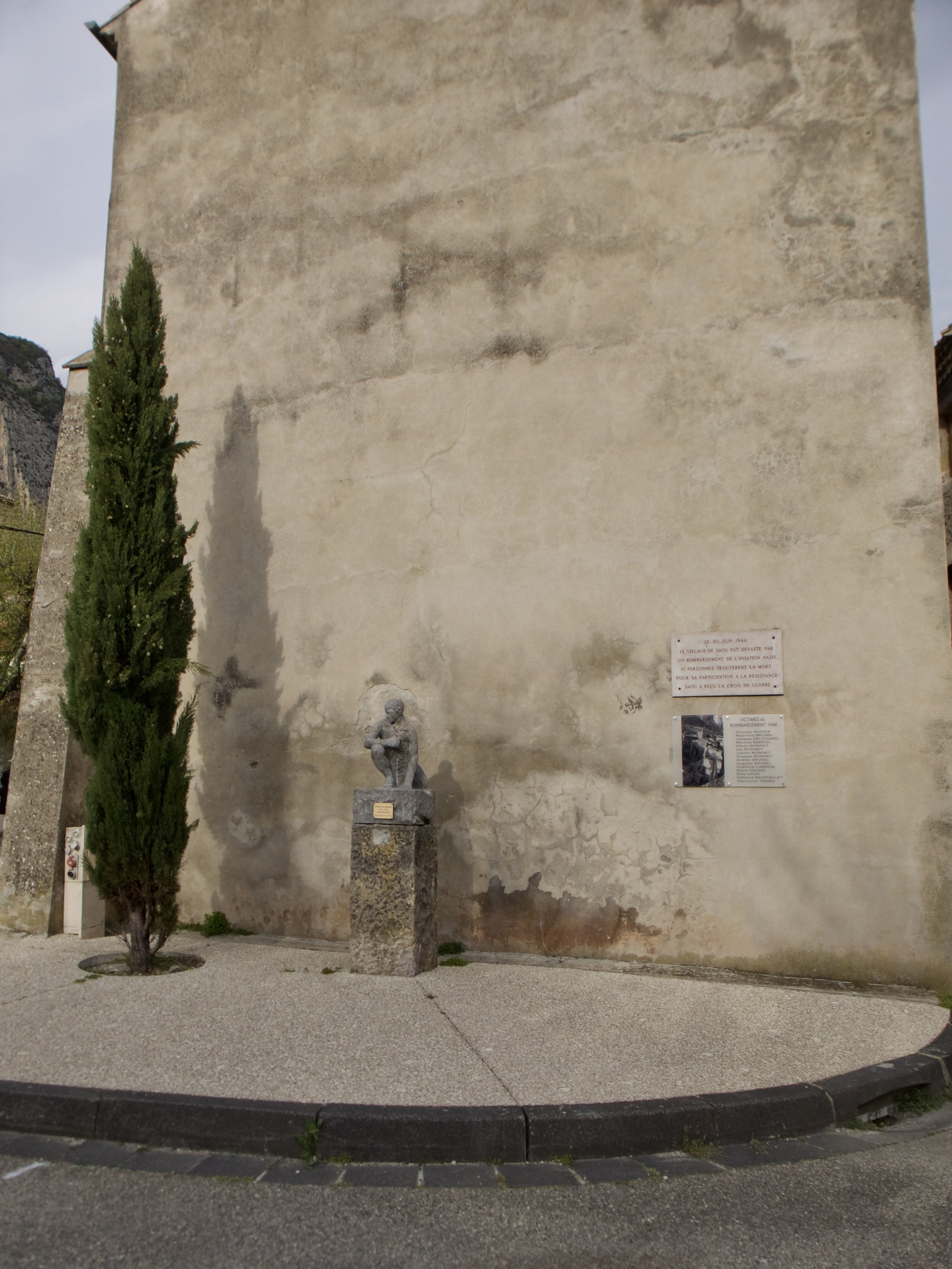  "On June 30, 1944, the village of Saoû was devastated by a bombardment by the Nazi air force. 15 people were killed. For it’s participation in the Resistance, Saoû received the Croix de guerre." 