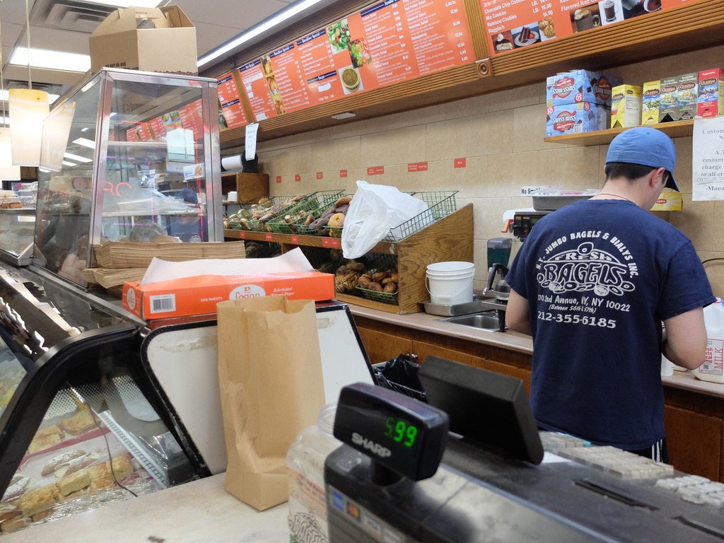  Quite a few mornings we walked a one mile round trip from the Hotel Elysée to get bagels here.  One day I heard someone order “…with tomatoes, onions, avocado, &amp; mustard.”  Another time there was a request for a bagel scooped out!?  Never  heard