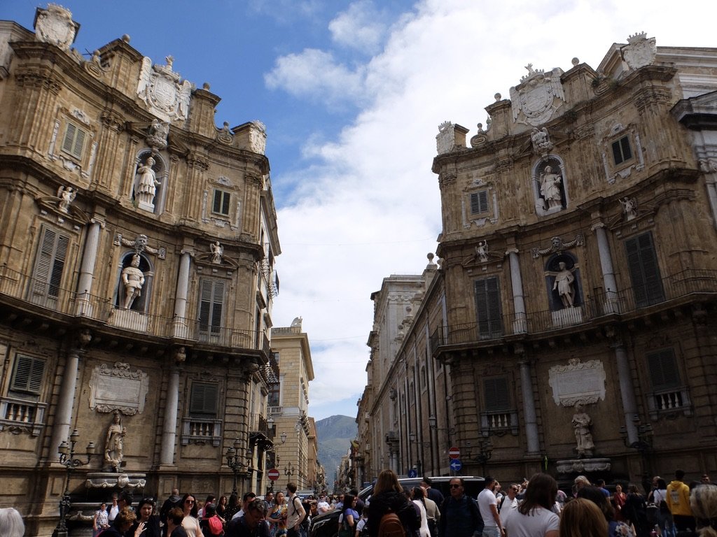  I Quattro Canti — The Four Corners of Palermo.  “This baroque square formed in an octagon is known officially as Villena Square .”  c. 1609.   “AKA “theater of the sun” thanks to the soft play of sunlight on the four façades of the palaces.” 