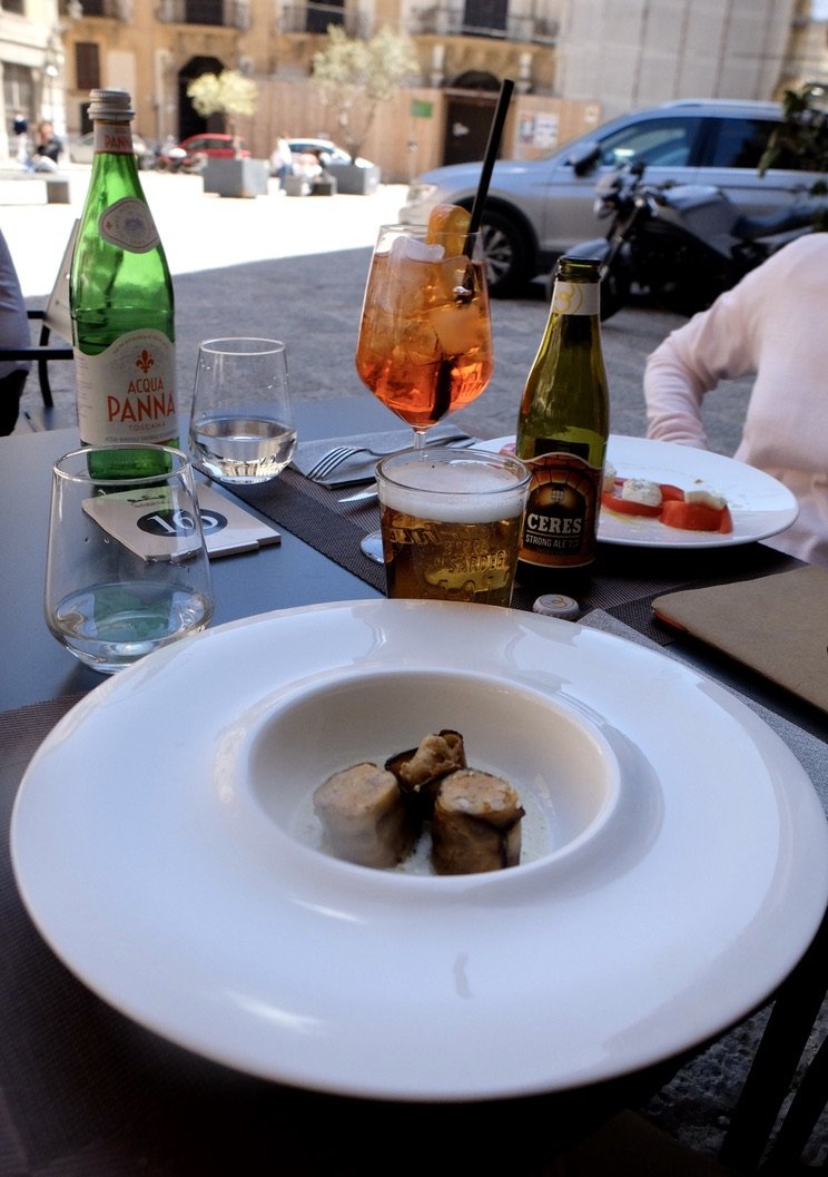  The start of an excellent lunch: Maki du melanza con purea di grana. - Sicilian style eggplant maki served with a grana purée &amp; a caprese salad.  The 7.7 ABV Ceres beer was delicious but revealed to be brewed in Denmark.  Aperol spritz is a trad