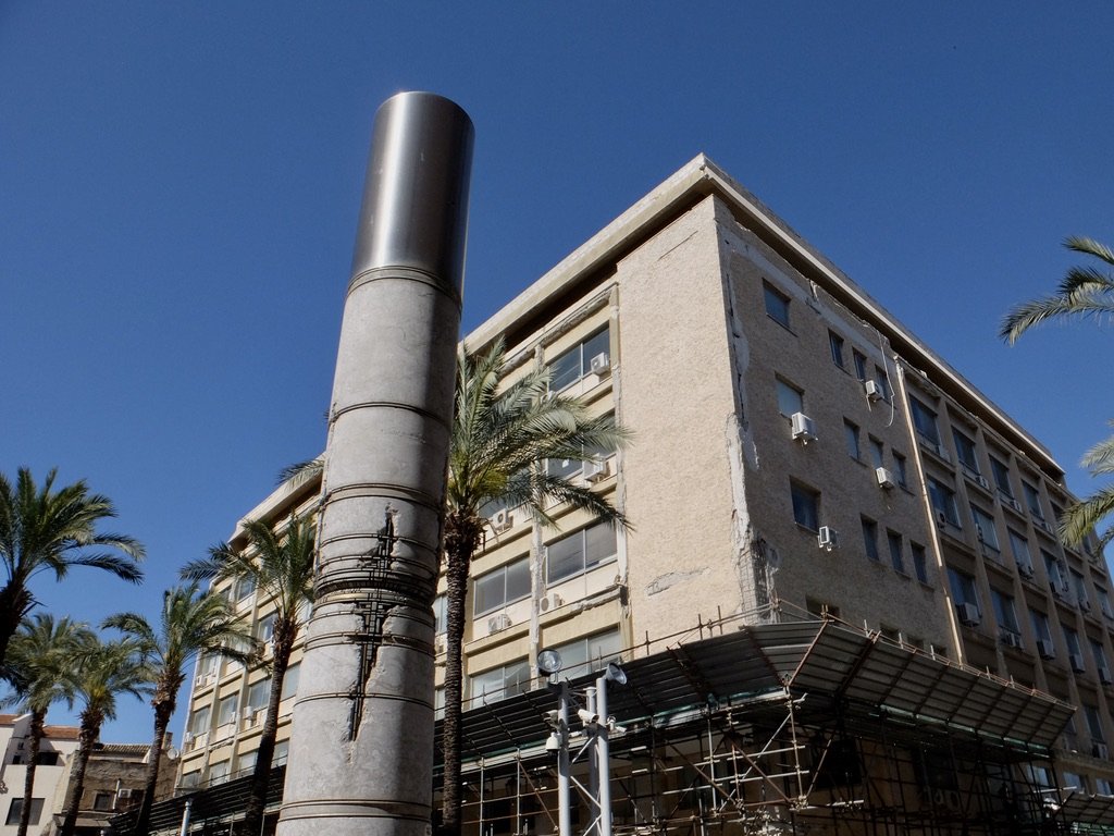  In this plaza there are a series of pillars related to the decline of the Mafia.  Note the building behind.  It was probably constructed by Mafia folks using substandard materials. 