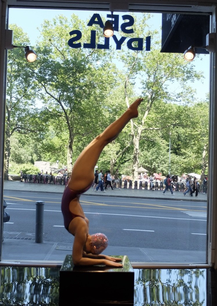  Finally we found out about the exhibit Heather was referring to when we happened on Galleries Bartouonx along  Central Park South.  The gallerina told us we could find Carole Fuerman’s art installation   Sea Idylls,  , along the Park Avenue divide f