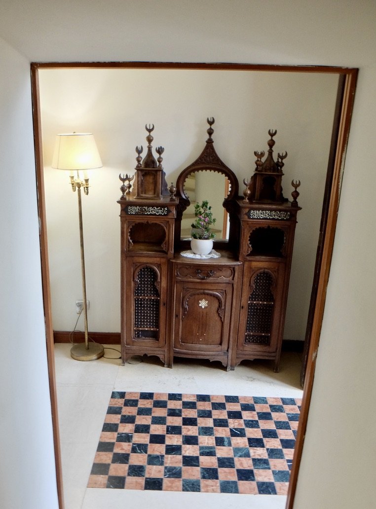  In the lobby of the tower in the  Hotel Foresteria Baglio della Luna.  Like  the architecture we saw on the island, so many cultures are represented in this piece of furniture. 