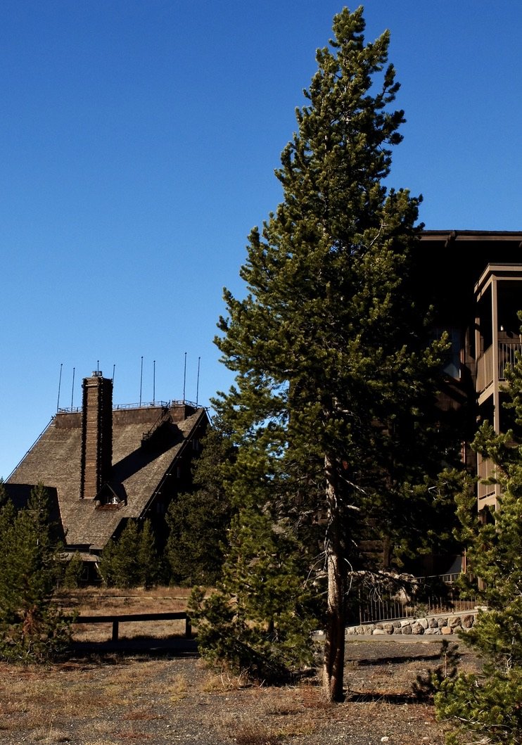  c. 1904  Old Faithful Inn with Widow's walk &amp; flagpoles is "considered a masterpiece of rustic 'Parkitecture.' The hotel remains one of the largest log-style structures in the world and is a National Historic Landmark."  Neat chimney too. 