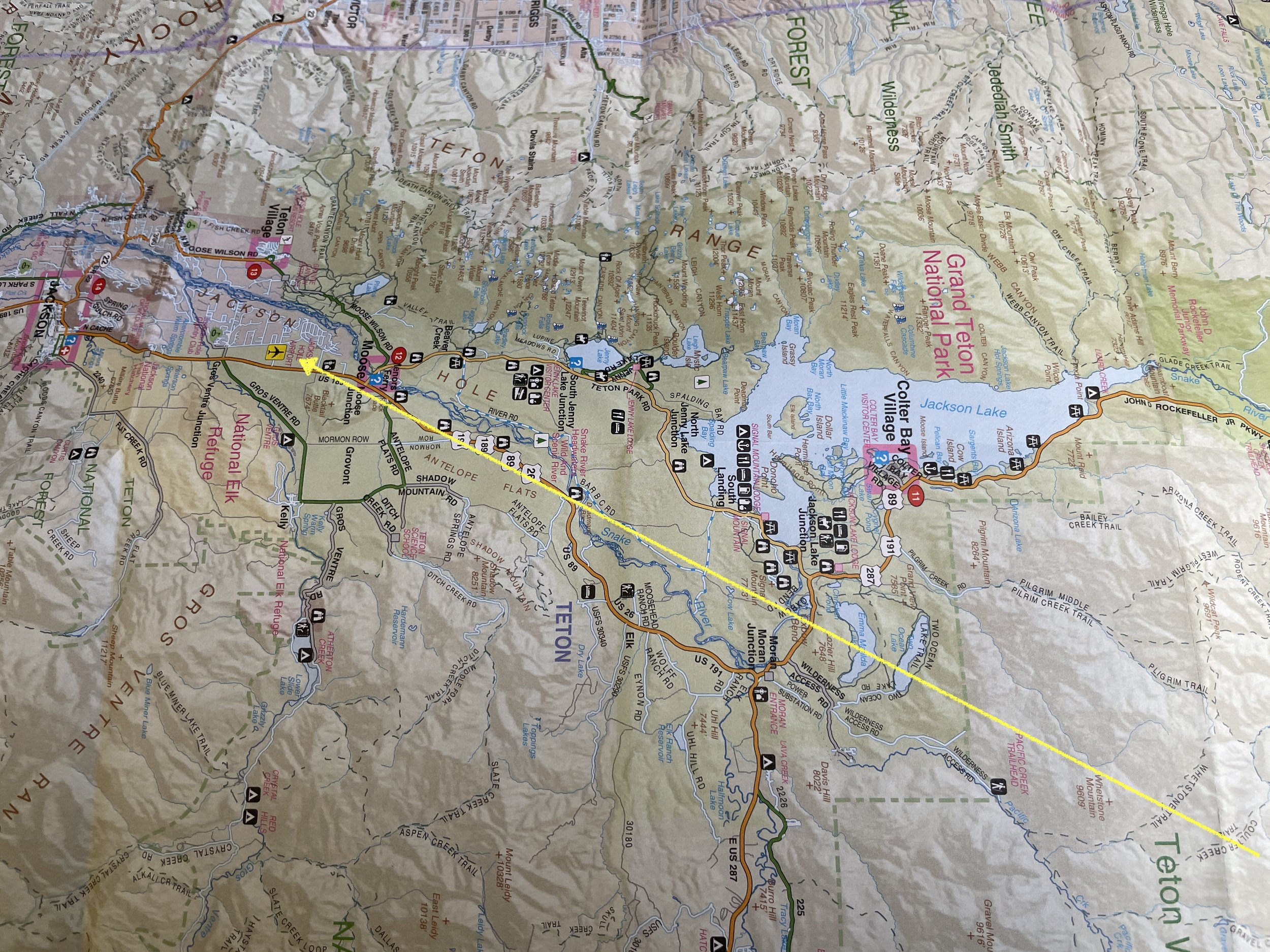  The approximate approach to Jackson Hole Airport (JAC).  JAC is the only commercial airport in the United States located inside a national park, in this case Grand Teton. 