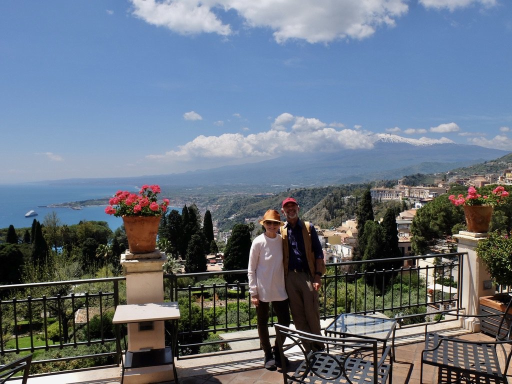  Walking tour with Chiara Rozzi.   She took this photo of us on the terrace of the Grand Hotel Timeo. 