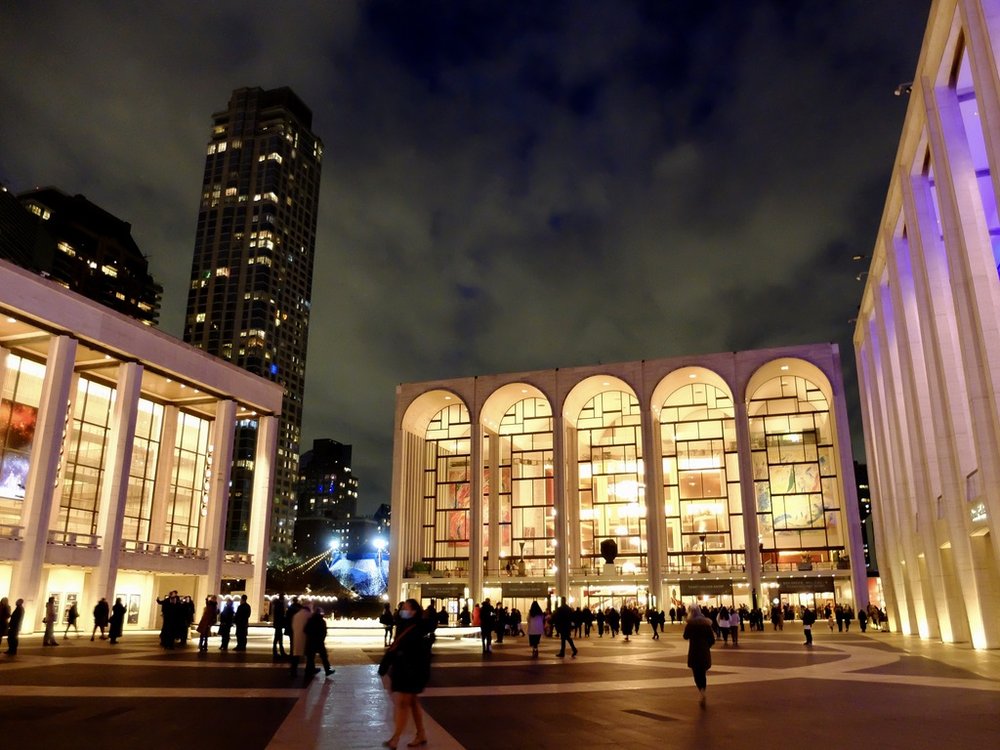  Entering the plaza of the Metropolitan Opera House at Lincoln Center to see Mozart's  Magic Flute .    