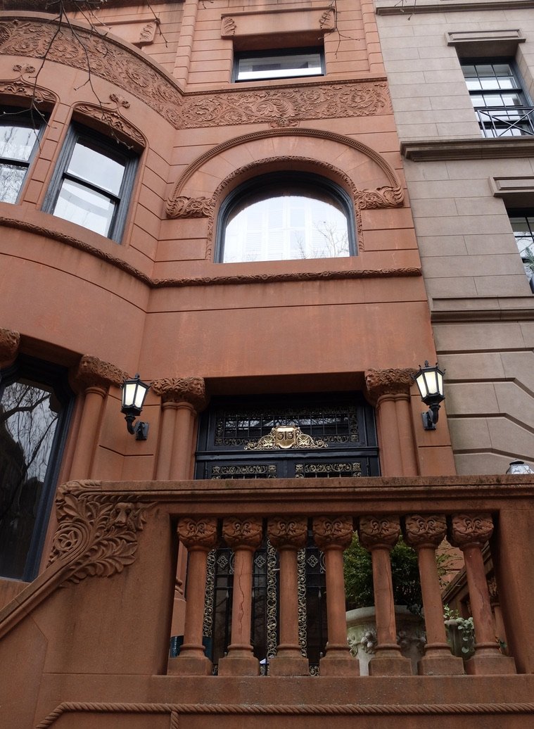  Park Slope.  313 Garfield Pl.  c. 1889. With wide entry doors to allow for a hooped skirt ballgown.    Romanesque Revival. Architect: C.P.H. Gilbert. 