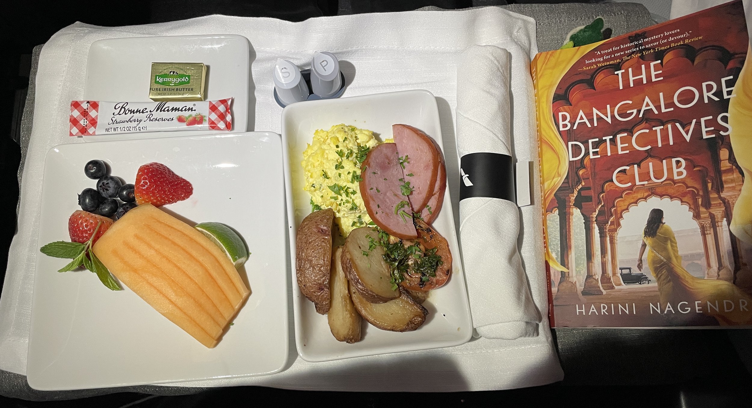  We were unexpectedly bumped up to business class.  Very classy.  Too bad it didn’t reoccur for our return to SFO.  Those who know me will know the ham was brushed aside.  The book was okay.  It’s not well written &amp; very wordy but gives quite an 