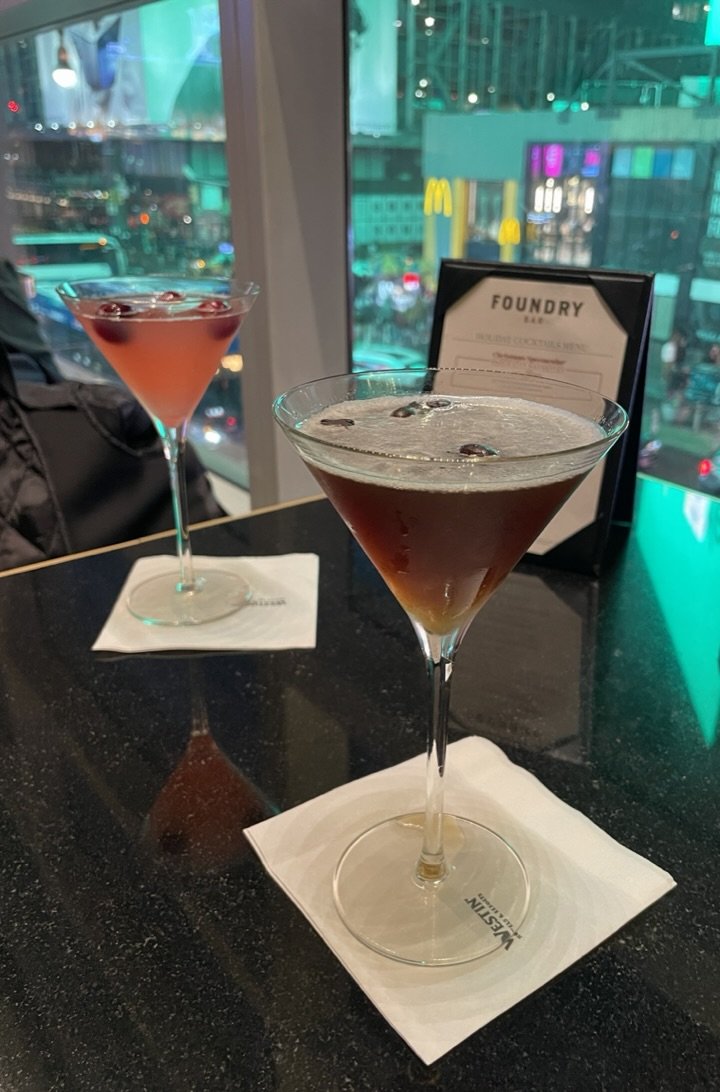  The Foundry Bar in The Times Sq. Westin Hotel.  We don’t remember how or when we discovered this venue but it’s been a perfect spot for pre- theatre libations &amp; food for years now.  The street view is great to watch.  We went twice during this t