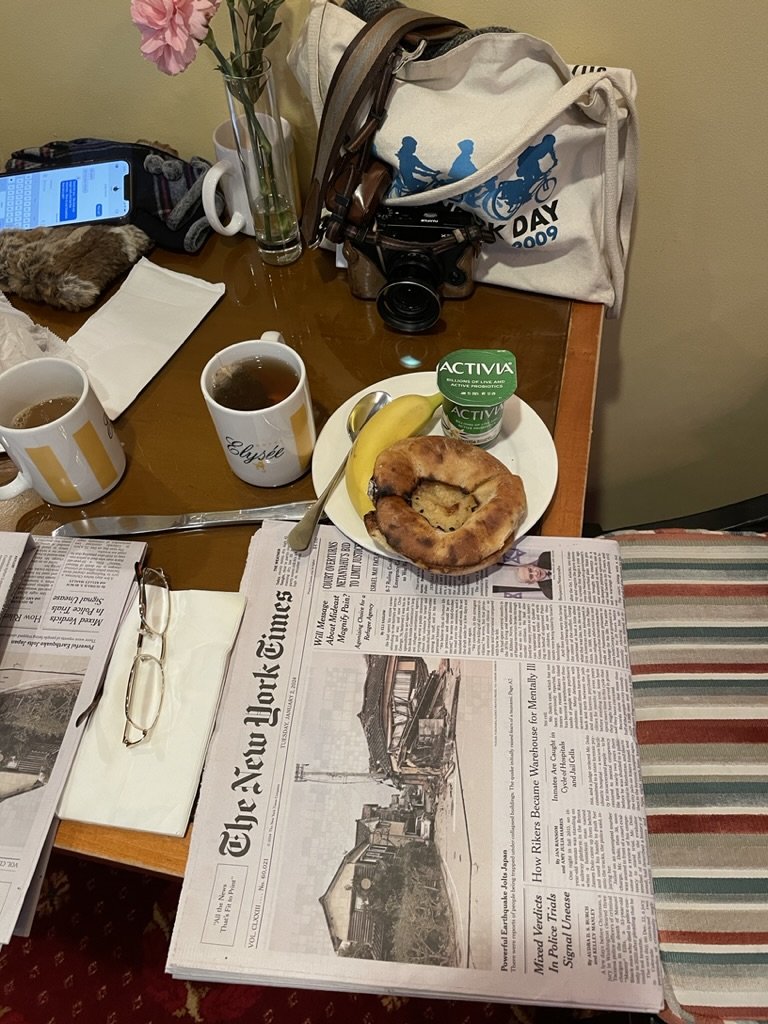 Breakfast at the Hotel Elysée, with a bialy from JUMBO Bagels.